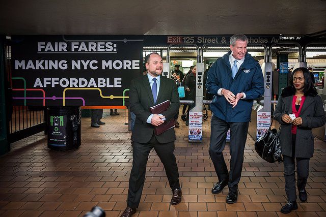 Mayor Bill de Blasio and Council Speaker Corey Johnson hold a joint appearance to announce the details of a half-priced MetroCard program.